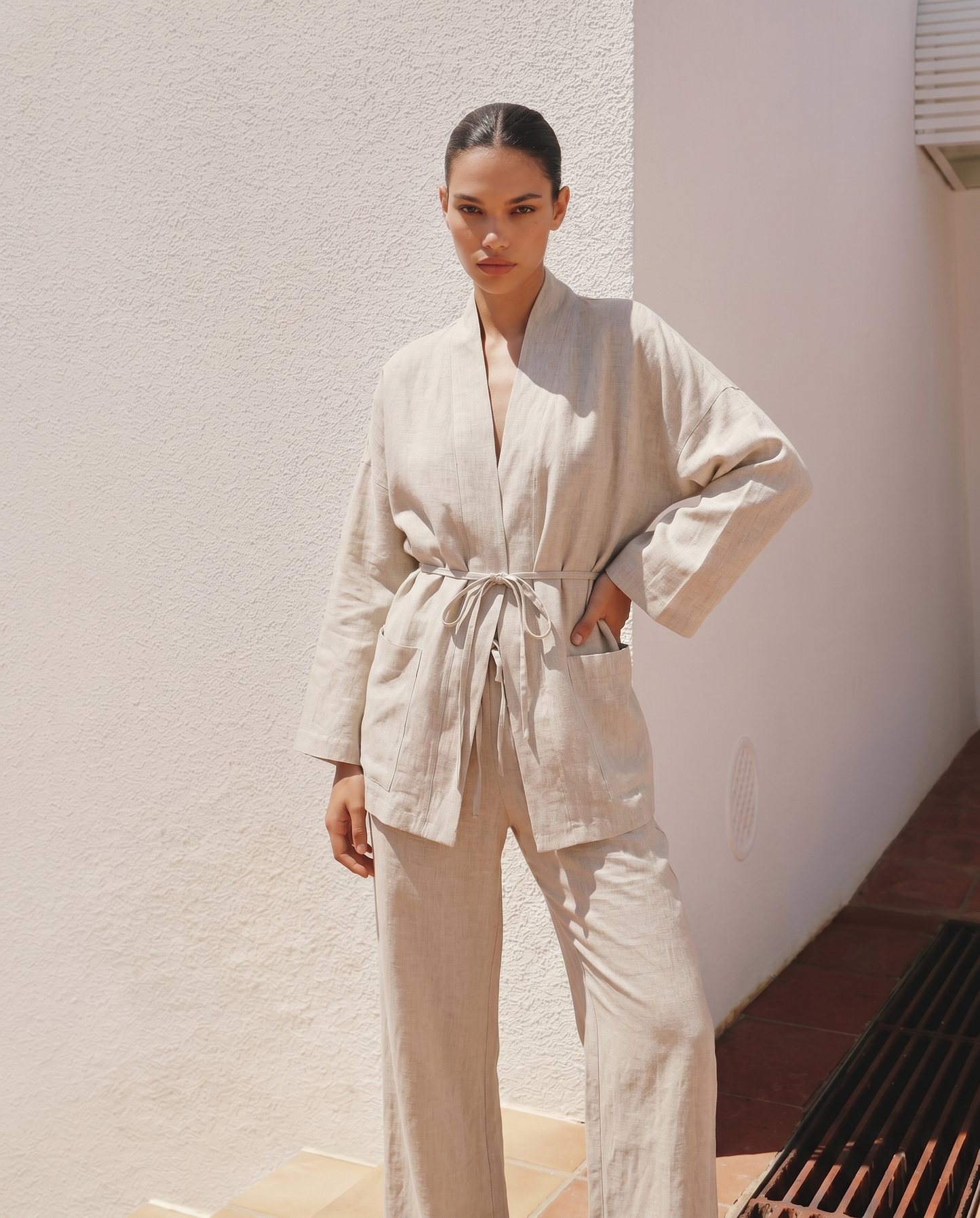 Kimono Jacket with Front Pockets - Beige