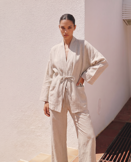 Kimono Jacket with Front Pockets - Beige