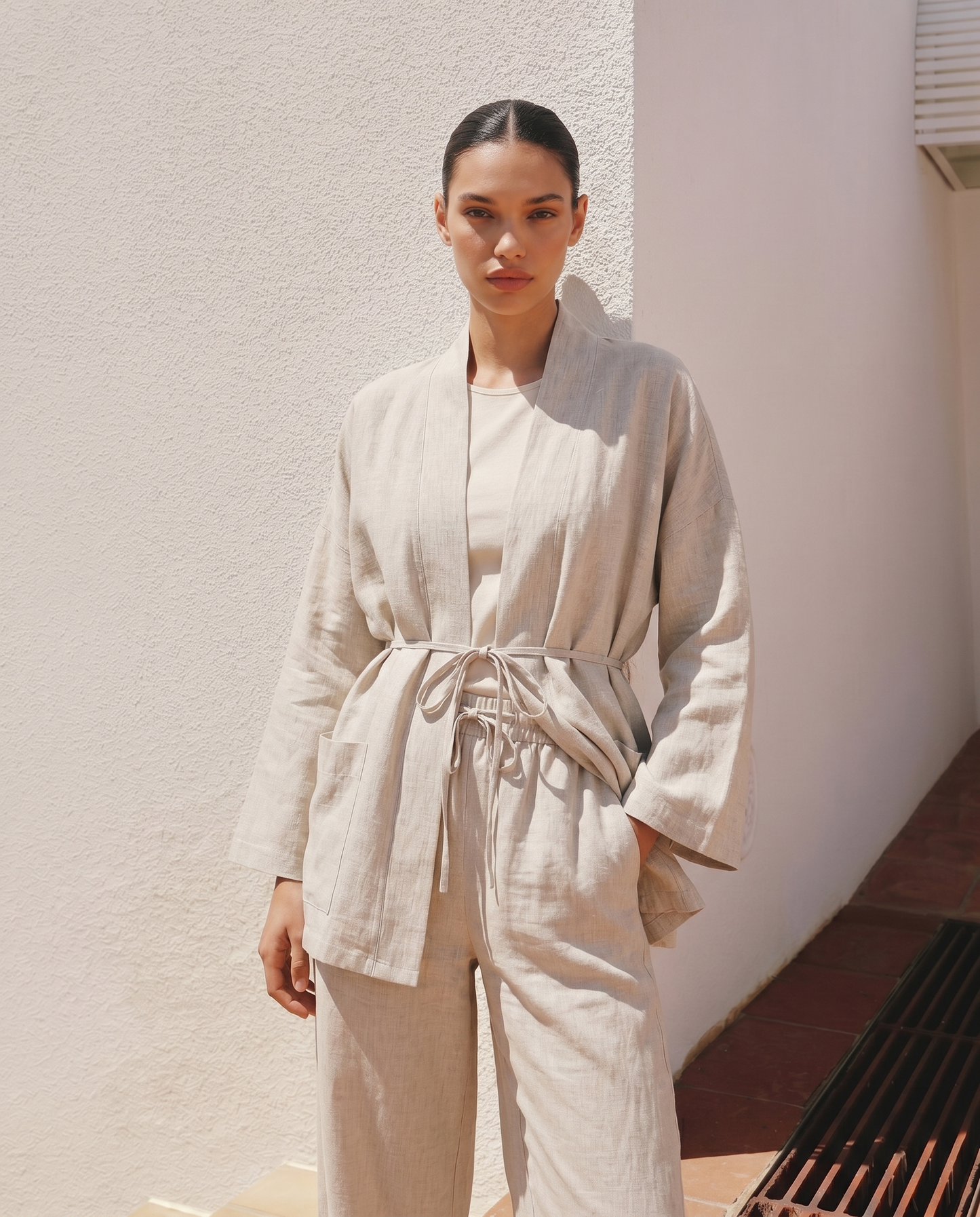 Kimono Jacket with Front Pockets - Beige