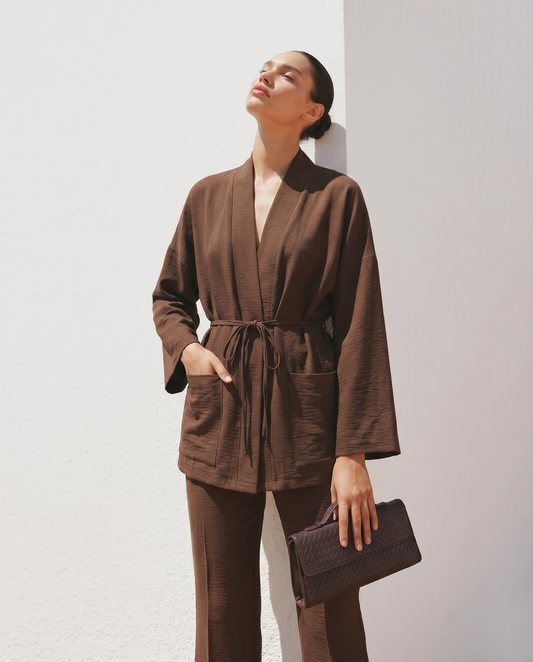 Kimono Jacket with Front Pockets - Brown