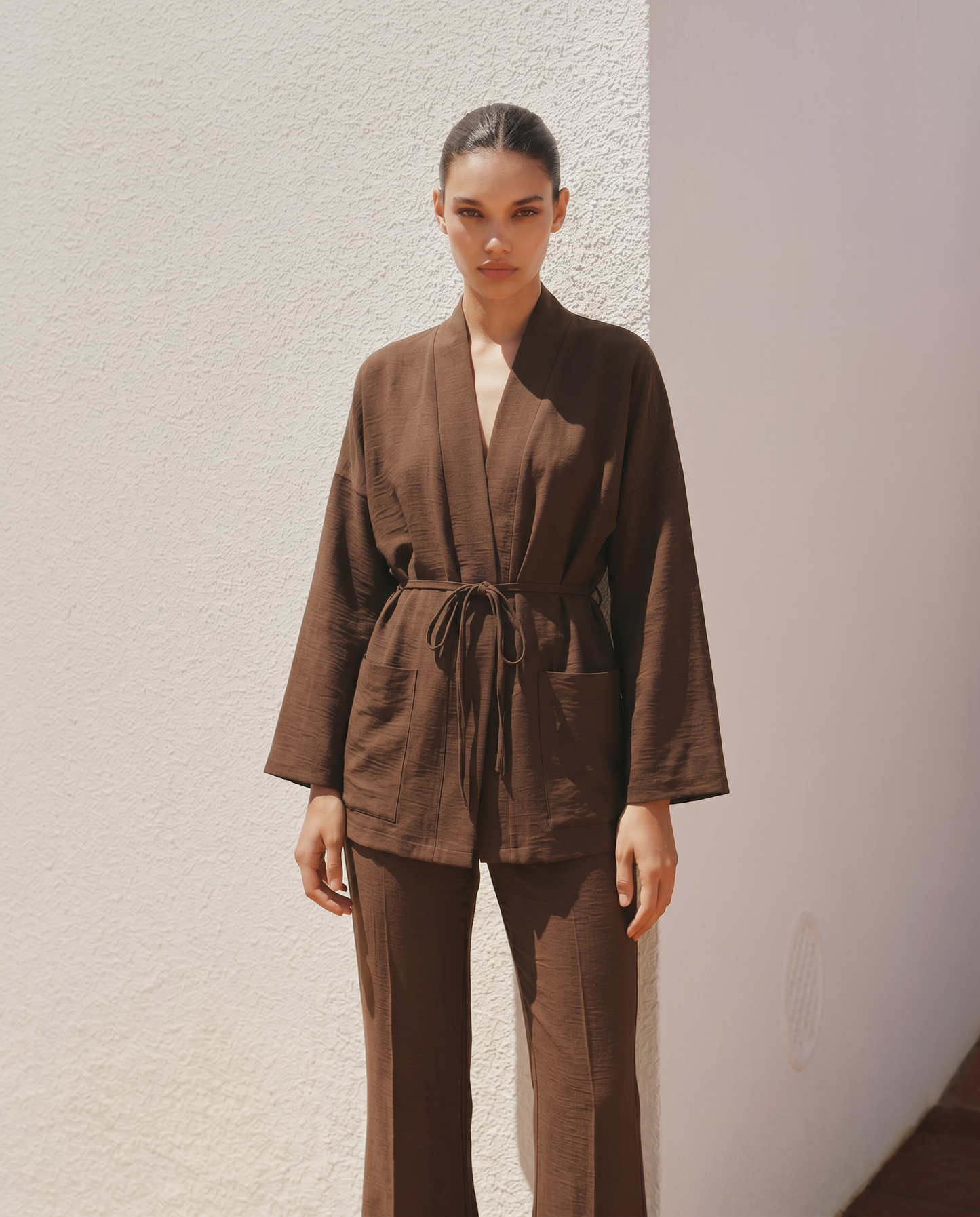 Kimono Jacket with Front Pockets - Brown