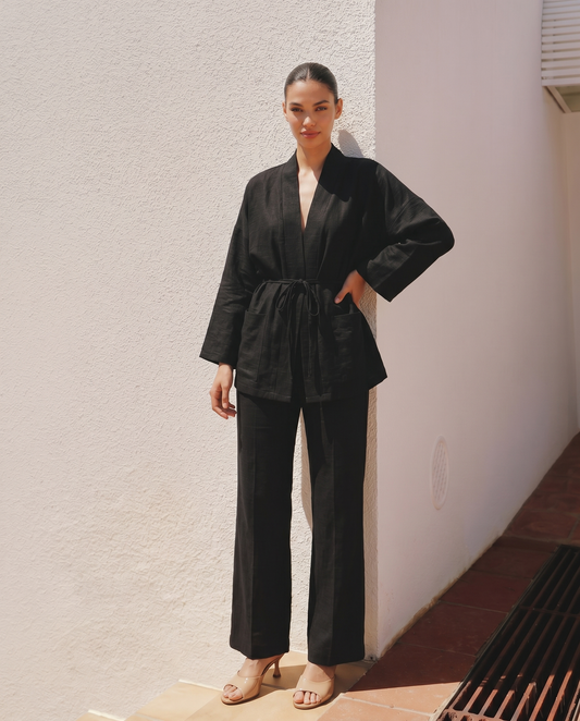 Kimono Jacket with Front Pockets - Black