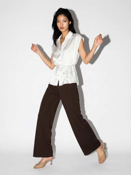 Sleeveless glossy satin shirt - Beige