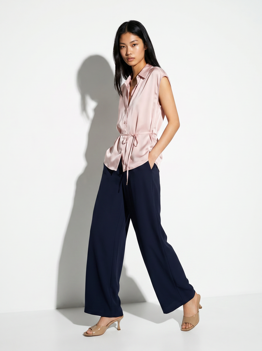 Camicia smanicata in satin lucido - Rosa polvere