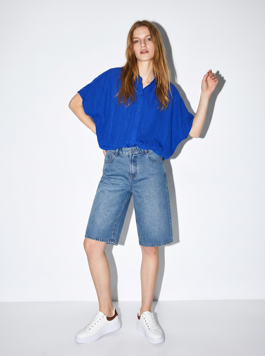 Camicia Kimono Smanicata con Pieghine - Azzurro