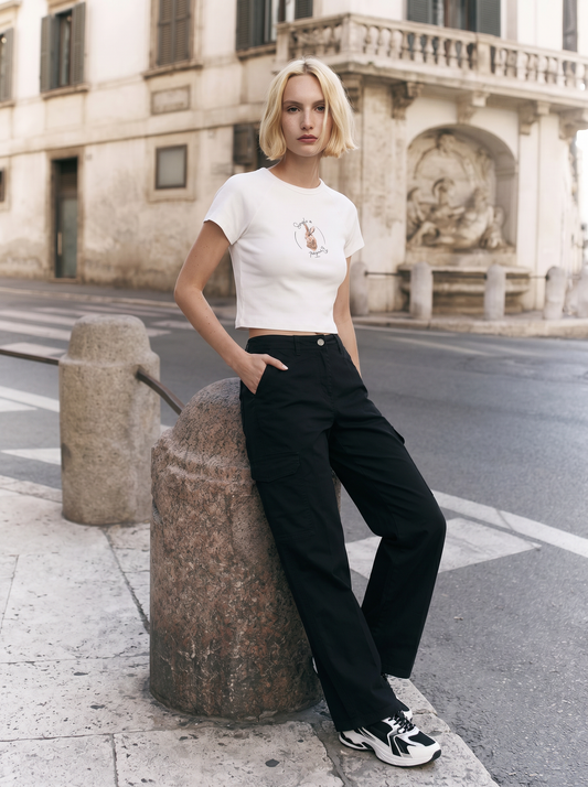Cargo straight leg high waist con tasche - Nero