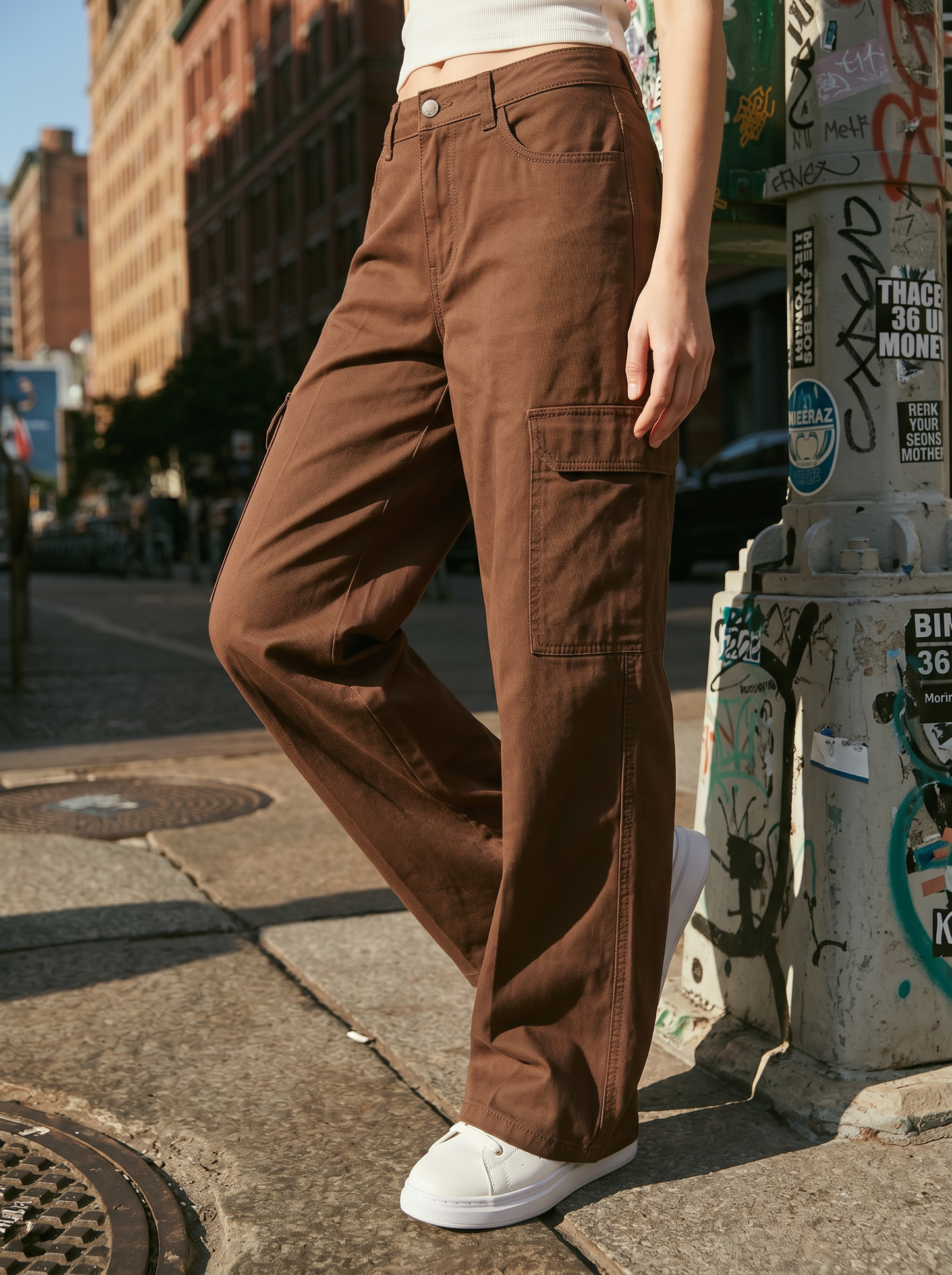 Cargo straight leg high waist con tasche - Marrone cioccolato
