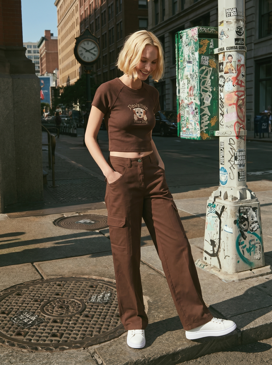 Cargo straight leg high waist con tasche - Marrone cioccolato