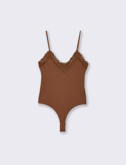 Body a bretelline con pizzo elegante - Marrone tabacco