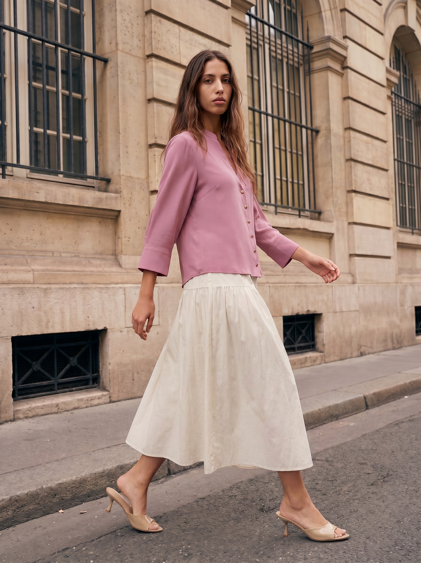 V-neck shirt with Korean collar - Pink