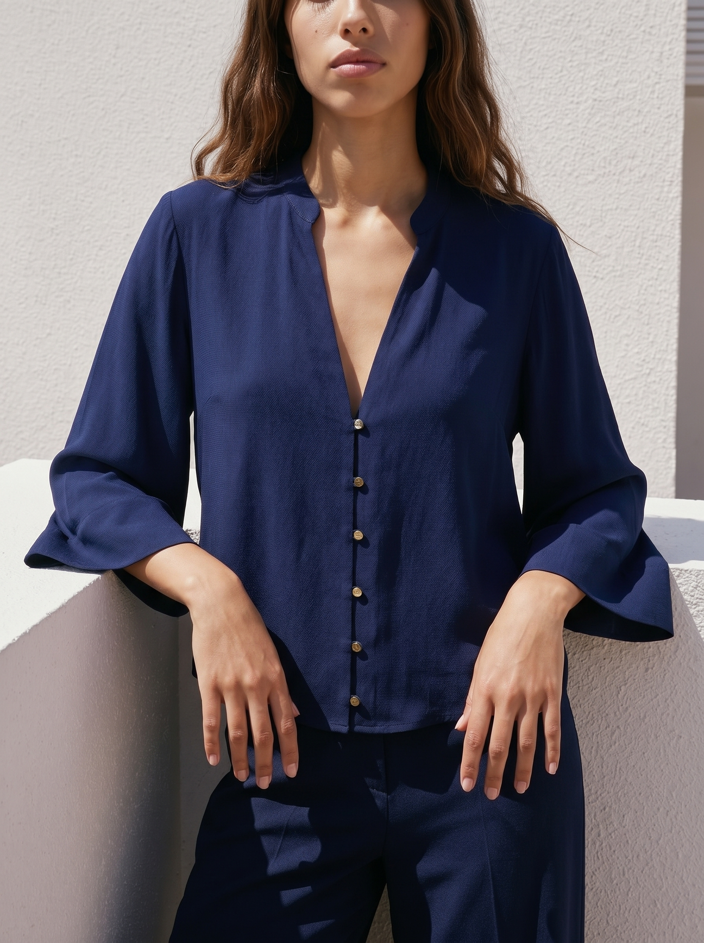 Camicia scollo a V con collo coreano - Blu
