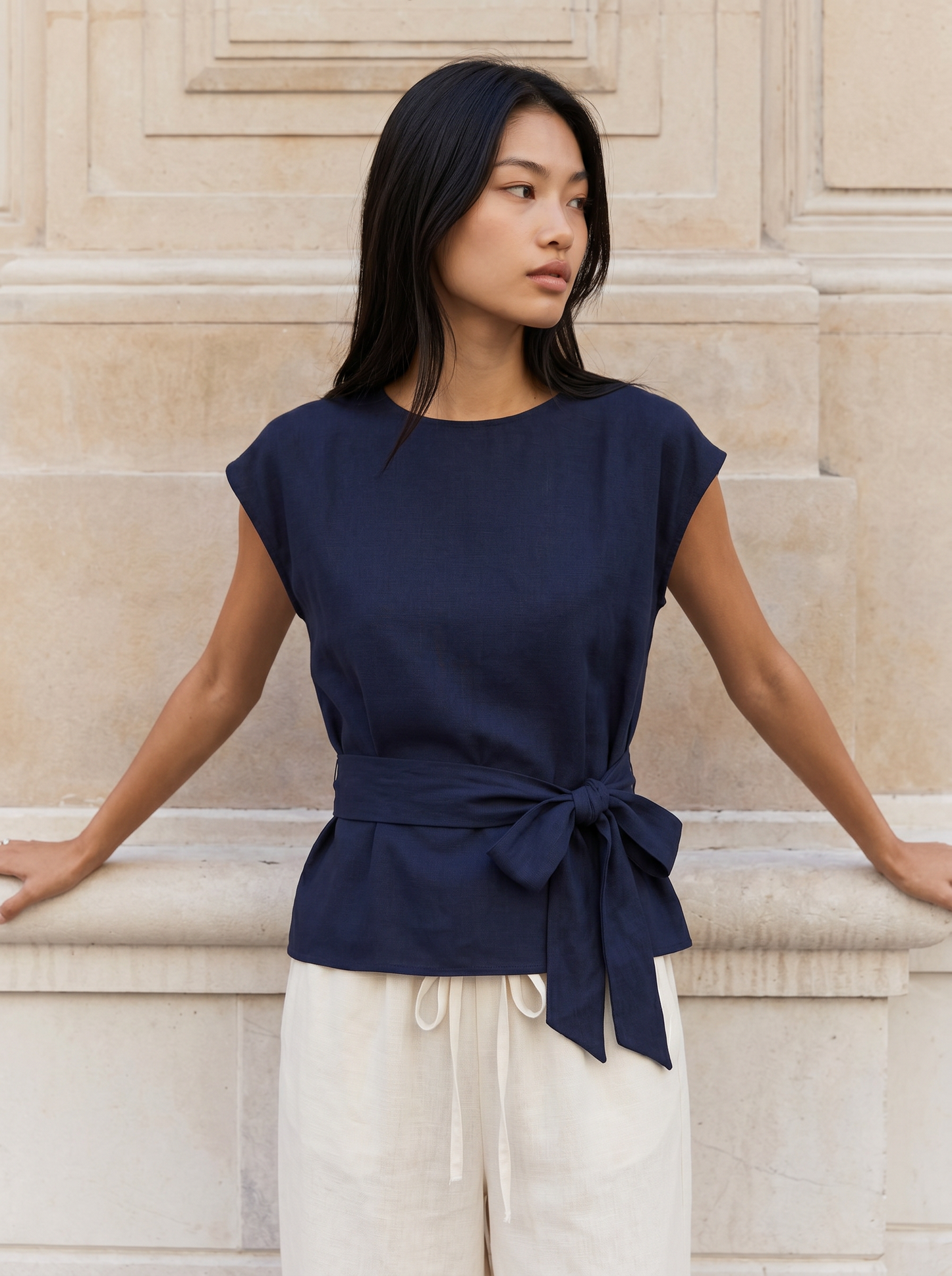 Casacca Manica a T con Fiocco in Vita - Blu
