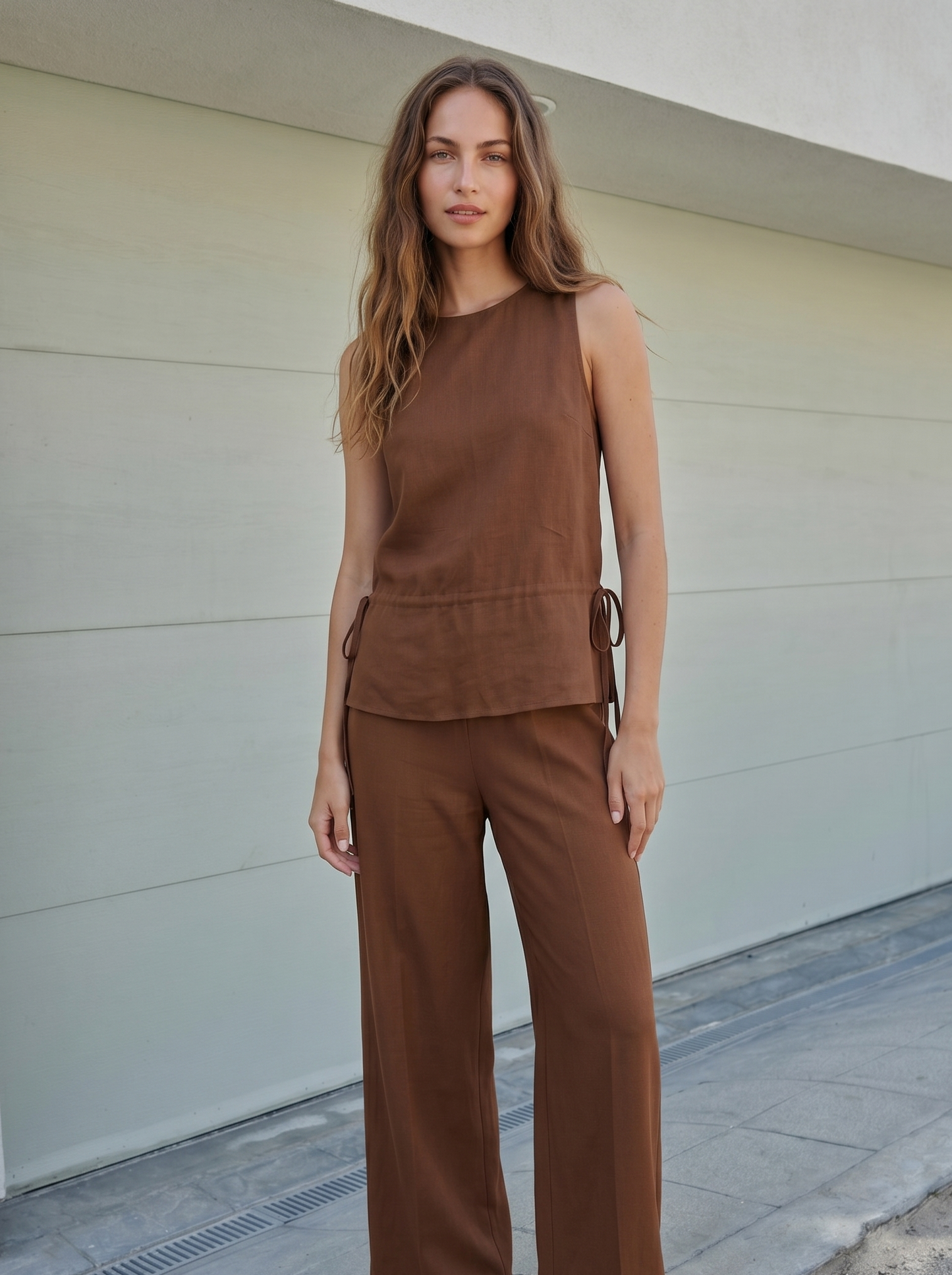Sleeveless Blouse with Pockets and Ties - Brown