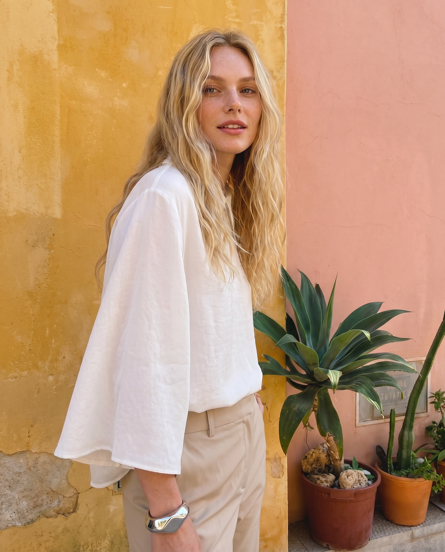 Camicia kimono con scollo a V ampia - Bianco latte