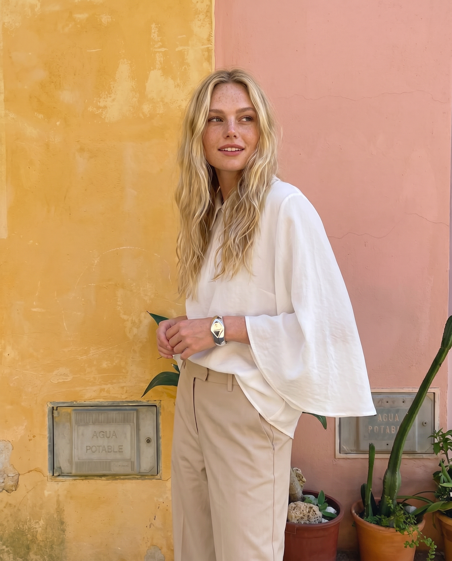 Camicia kimono con scollo a V ampia - Bianco latte