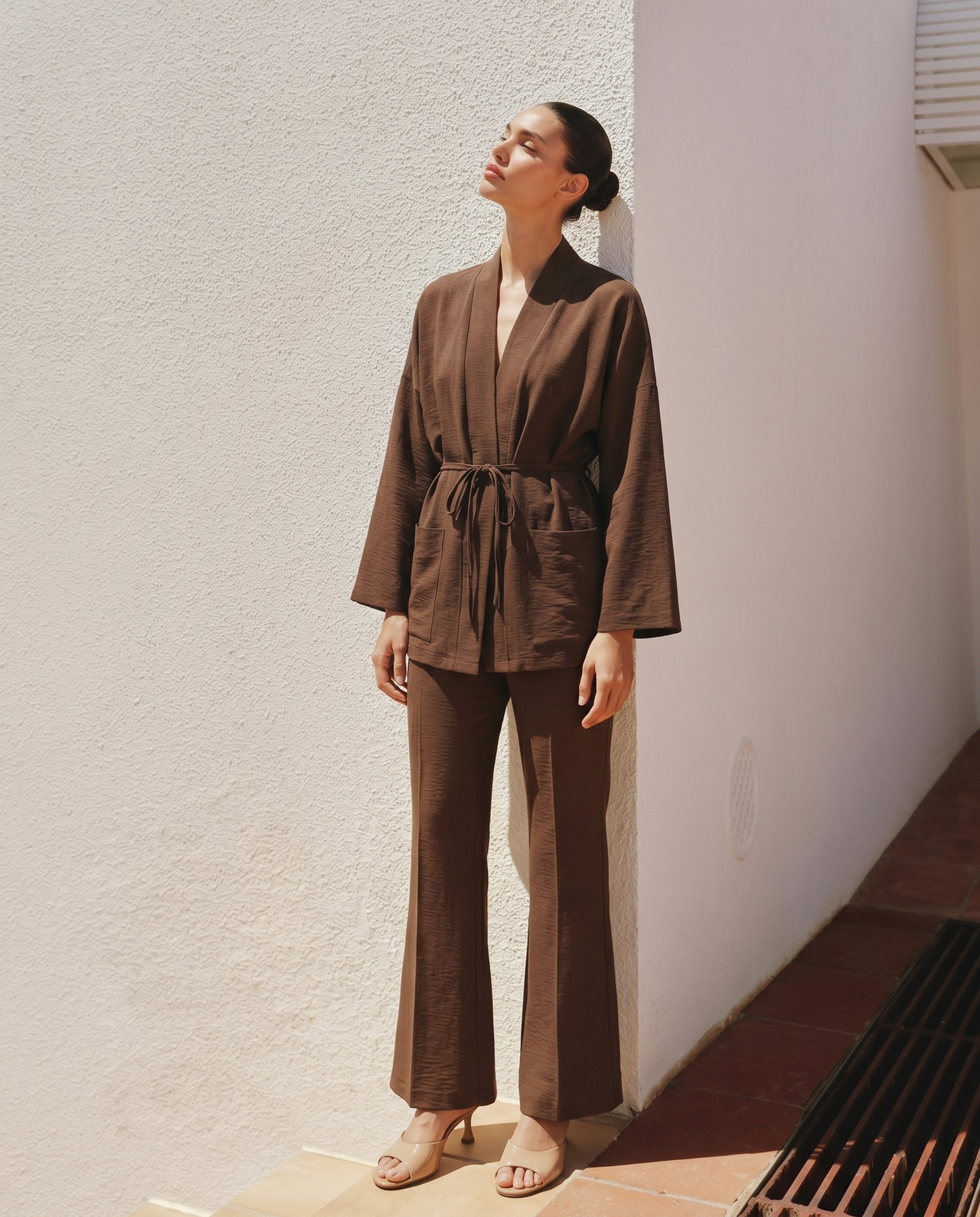 Soft Straight Pants with Drawstring - Brown
