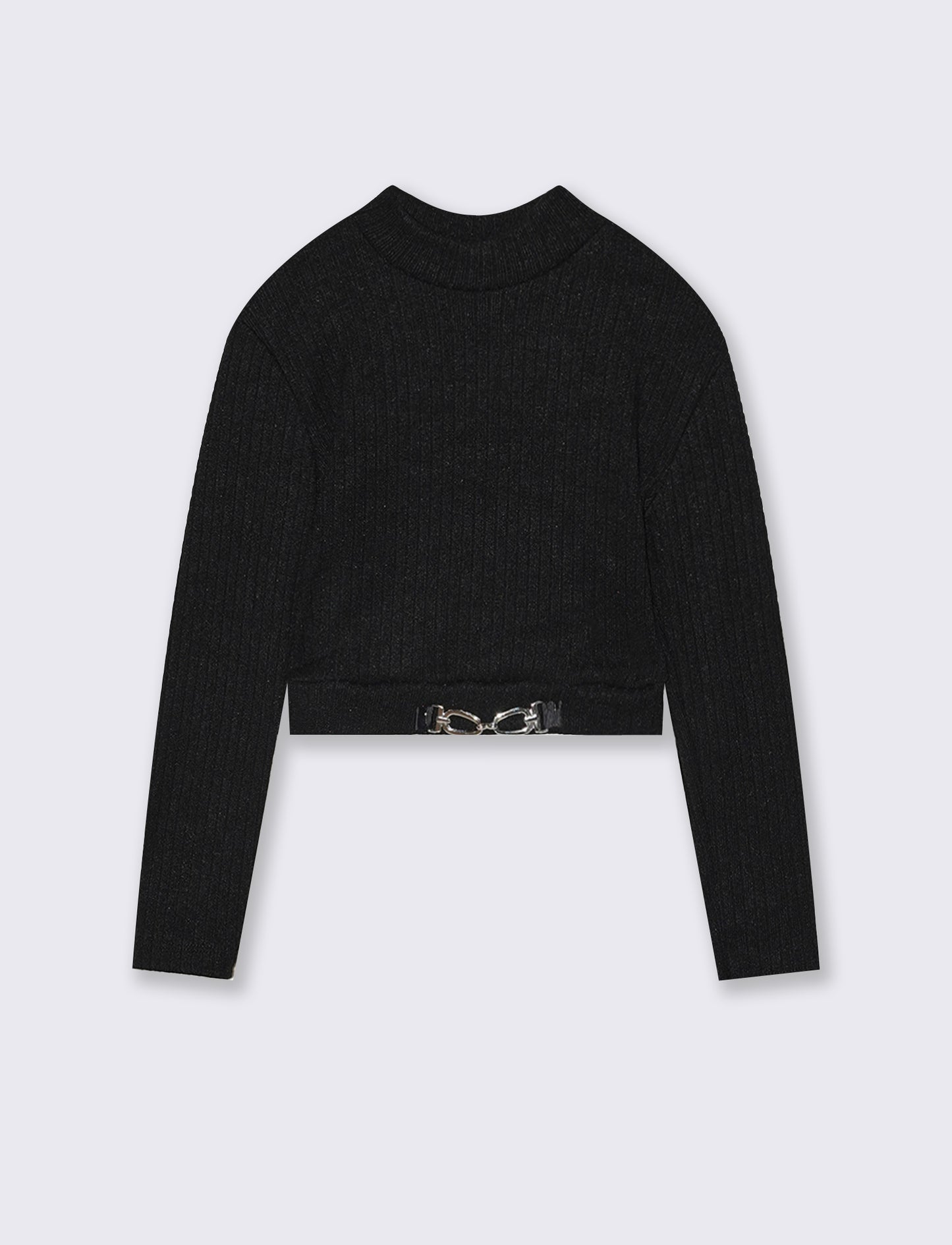 T-shirt manica lunga in maglia con accessorio decorativo. - Nero