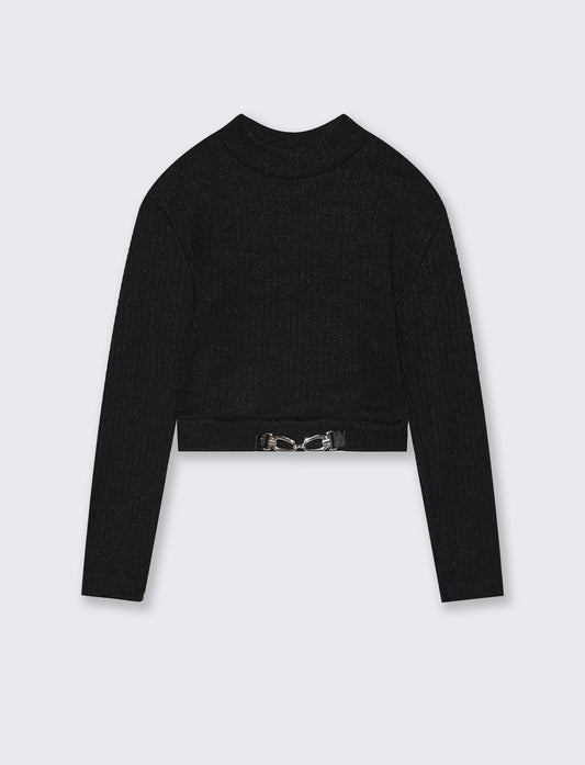 T-shirt manica lunga in maglia con accessorio decorativo. - Nero