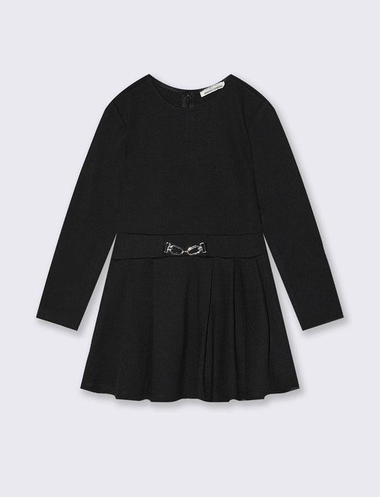 Abito elegante in punto milano con gonna a pieghe. - Nero