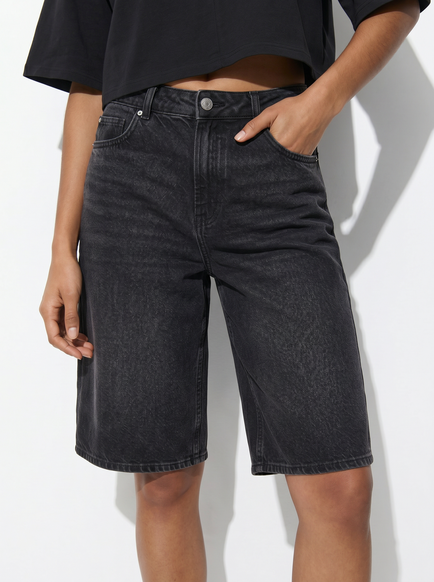 Bermuda denim wide leg vita media - Nero