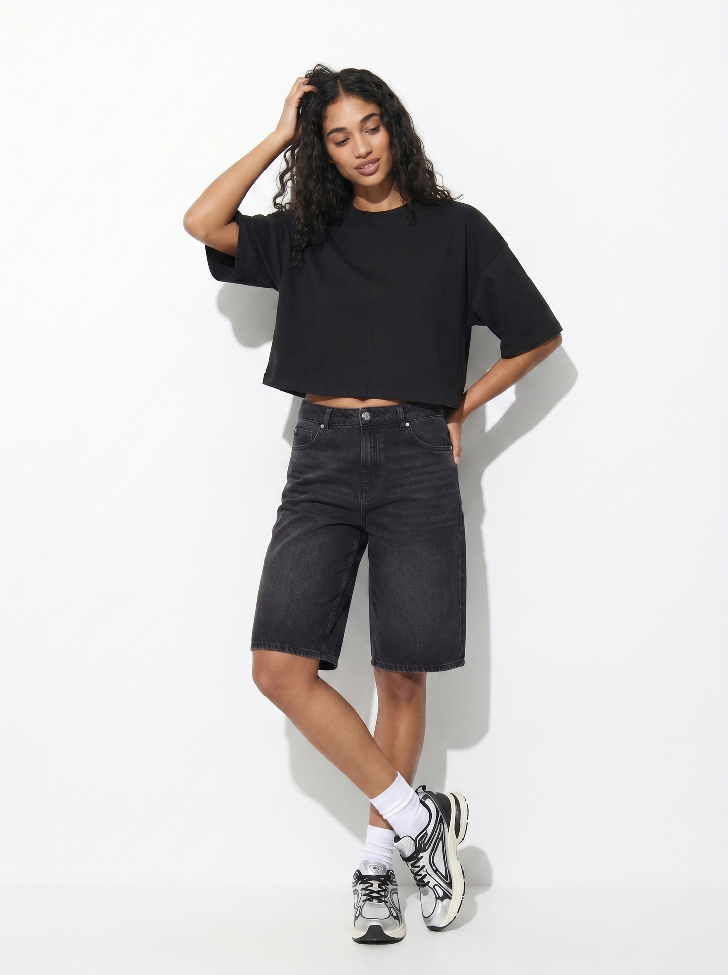 Bermuda denim wide leg vita media - Nero