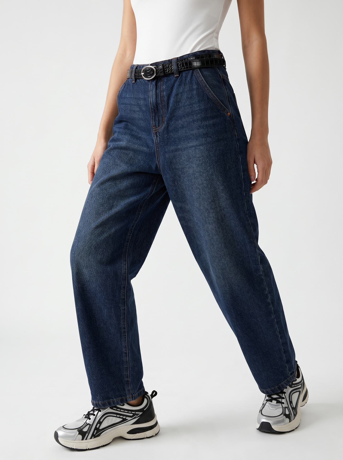 Jeans con cintura e vita arricciata - DENIM SCURO