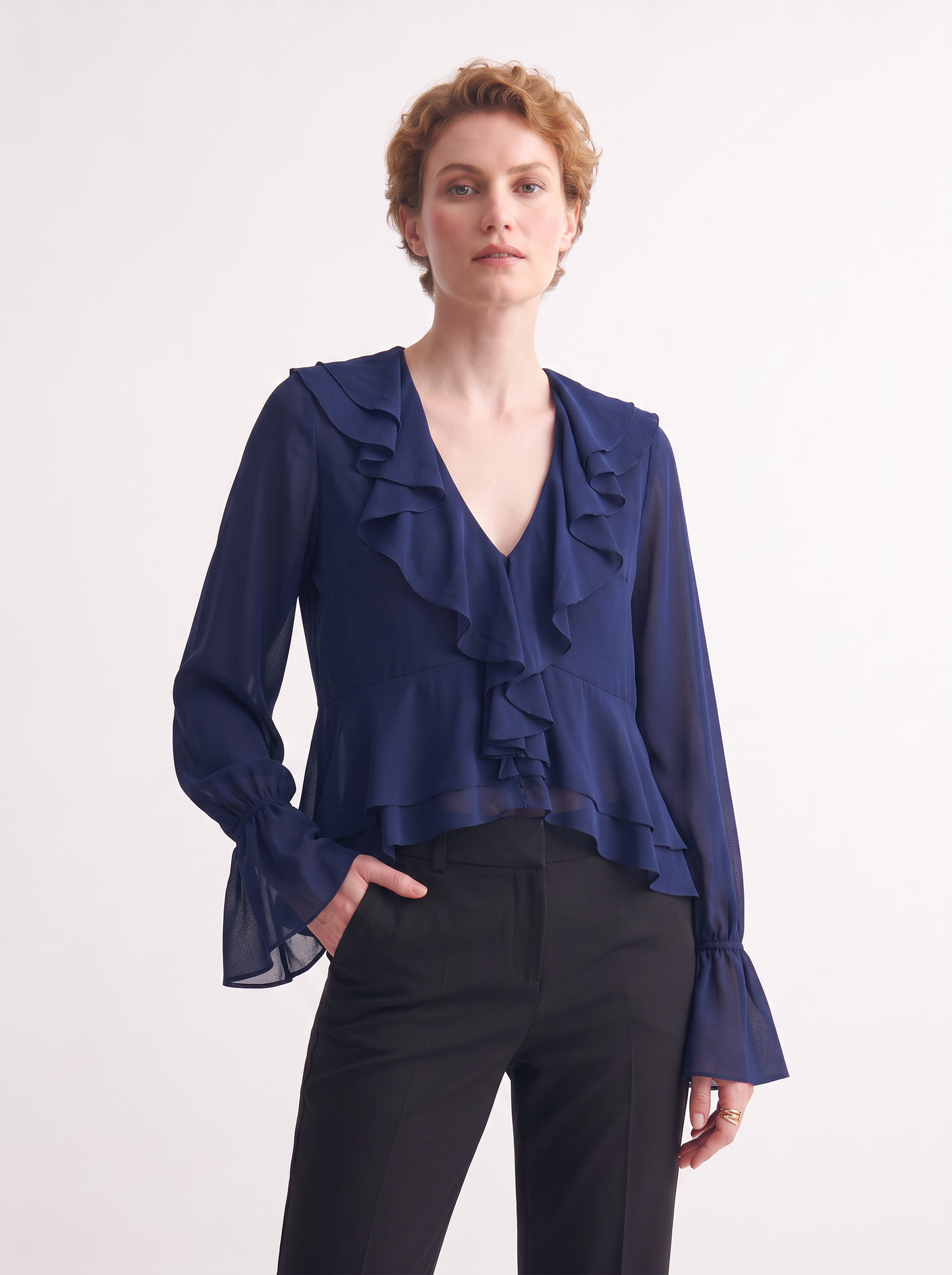 Casacca manica lunga scollo a V e volant - Blu