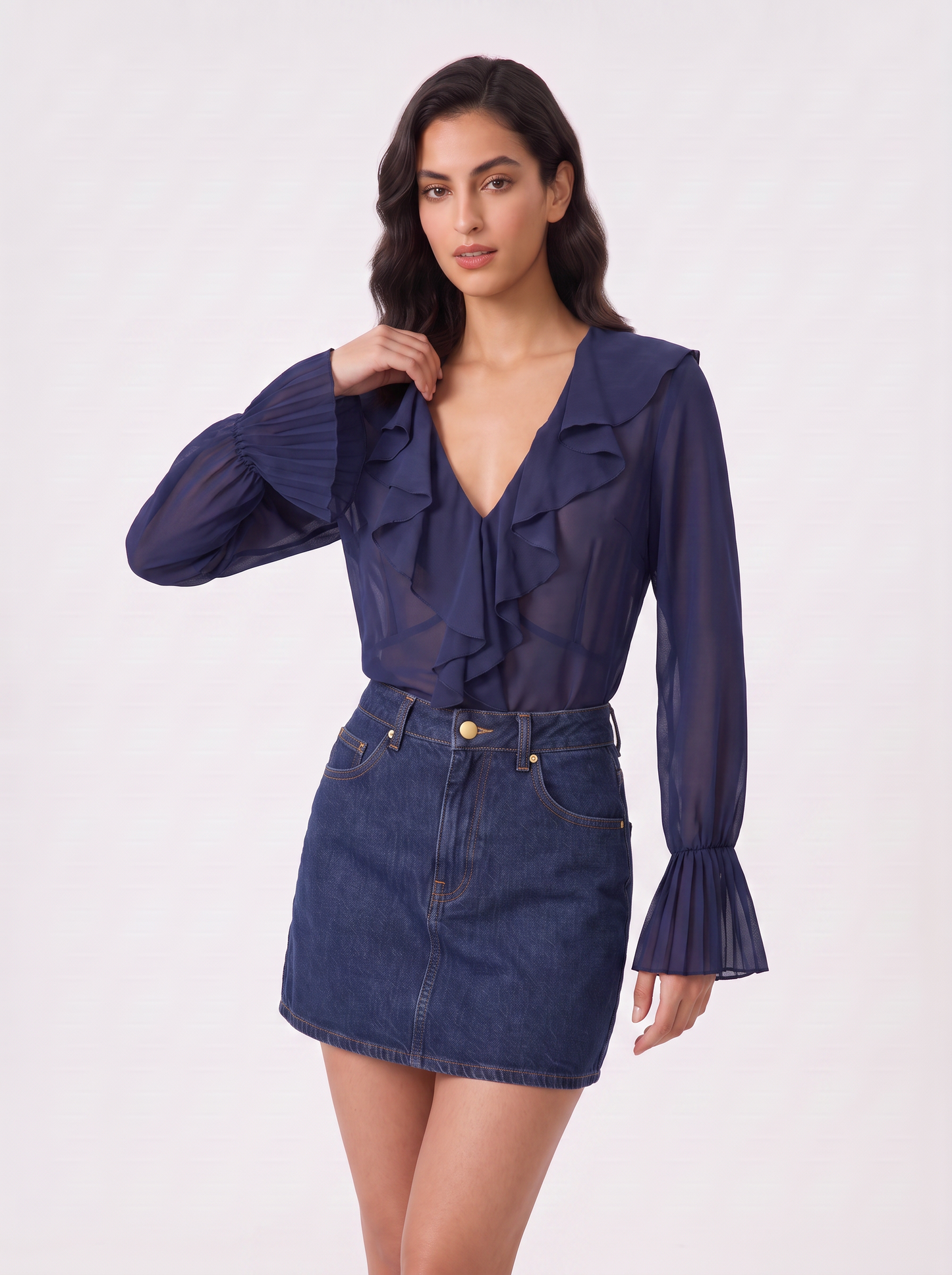 Casacca manica lunga scollo a V e volant - Blu