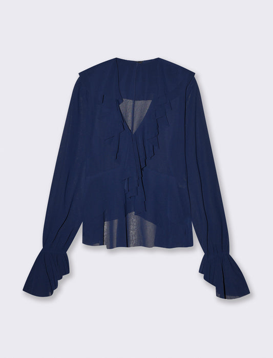 Casacca manica lunga scollo a V e volant - Blu