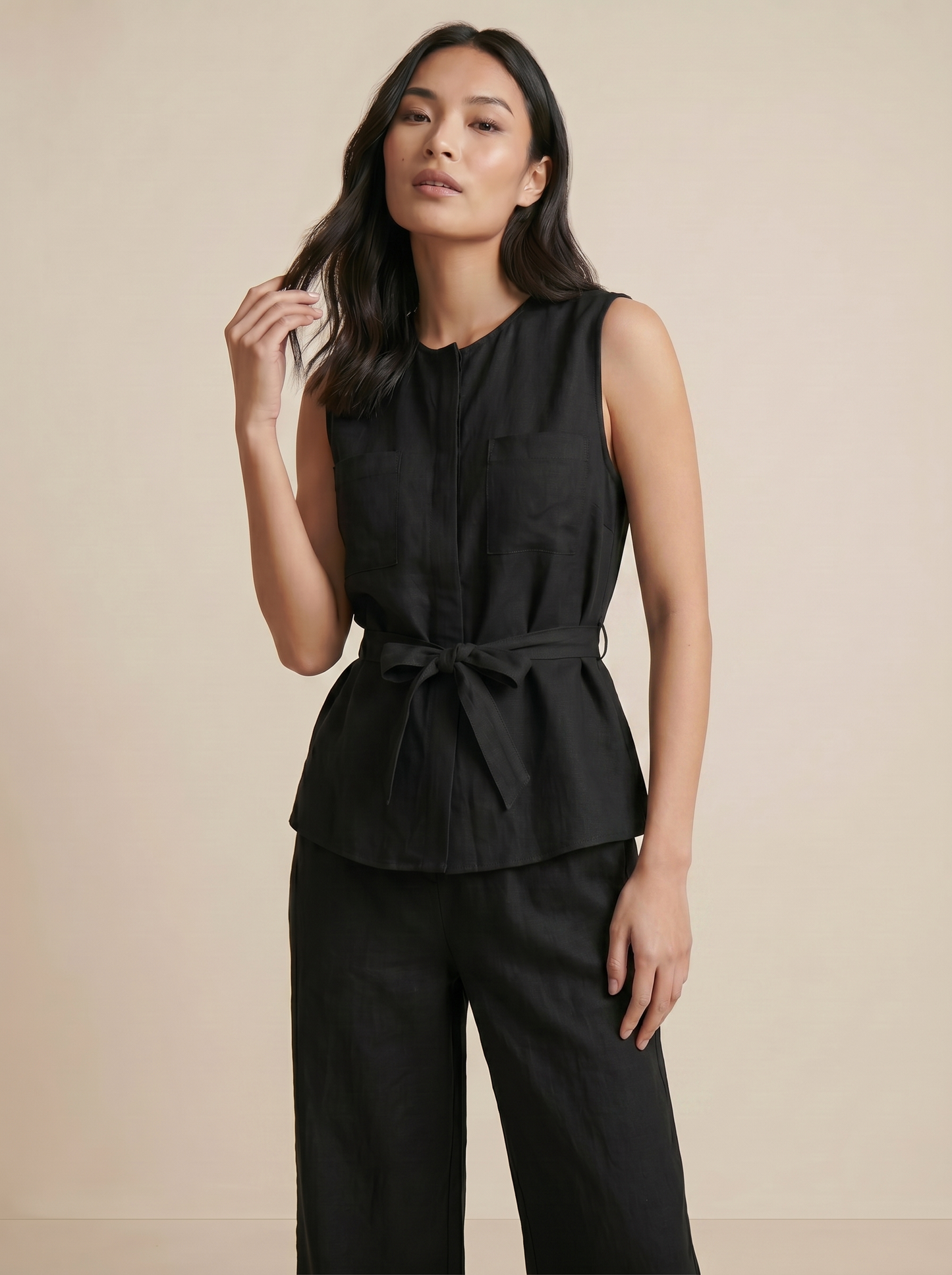 Sleeveless Top with Waist Bow - Black