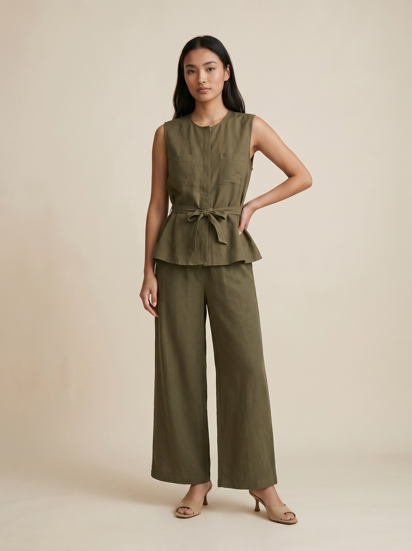 Sleeveless Top with Waist Bow - Green