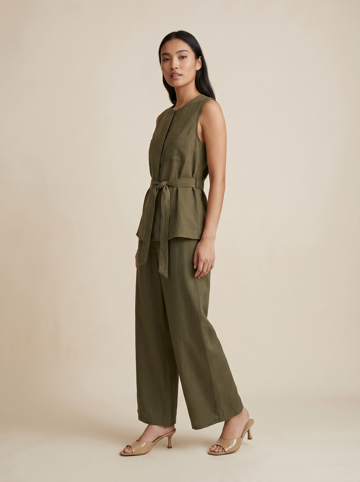 Sleeveless Top with Waist Bow - Green