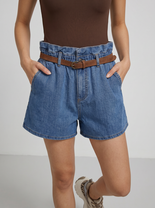Short con rouches e cintura abbinata - Denim
