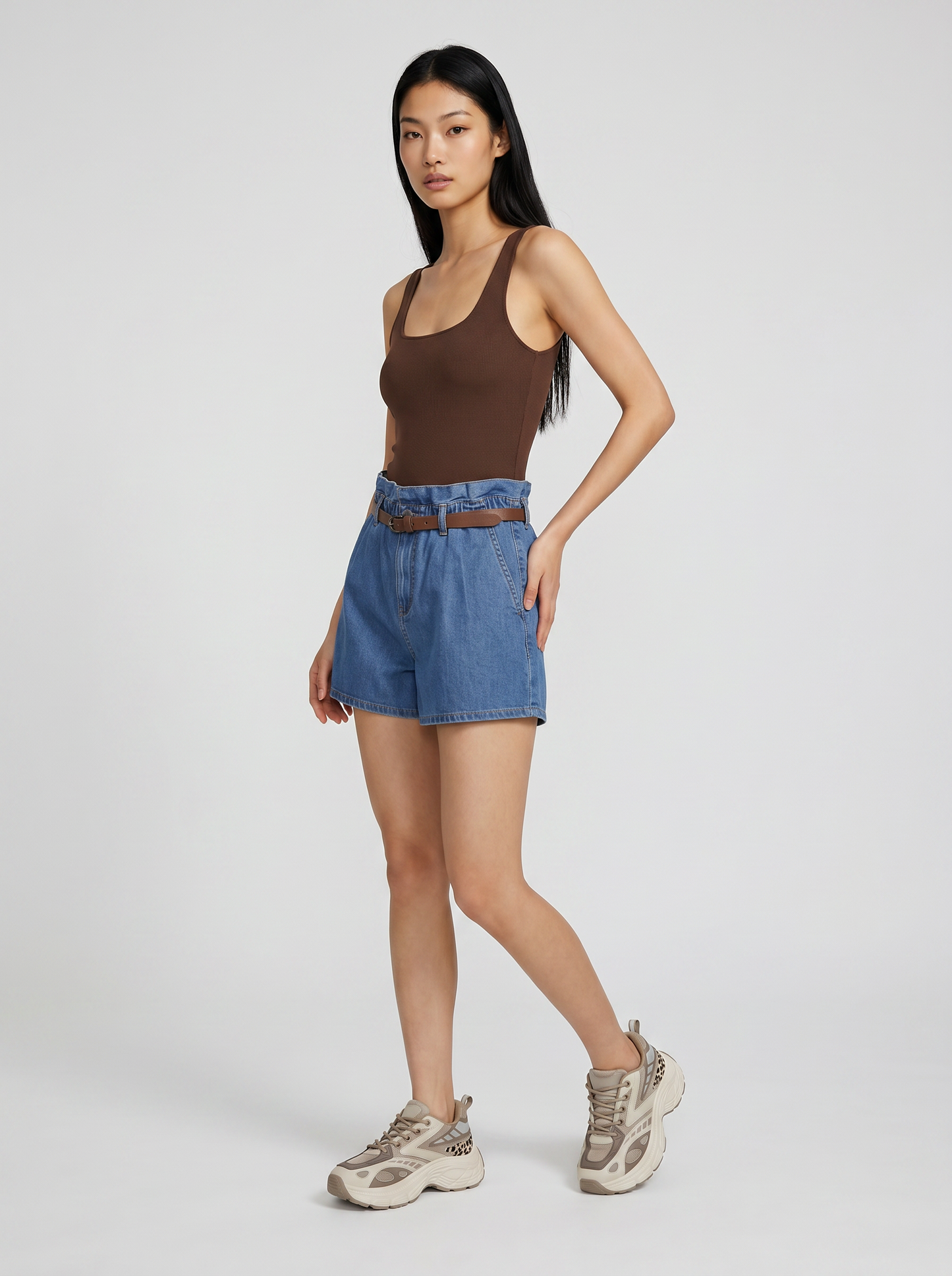 Short con rouches e cintura abbinata - Denim