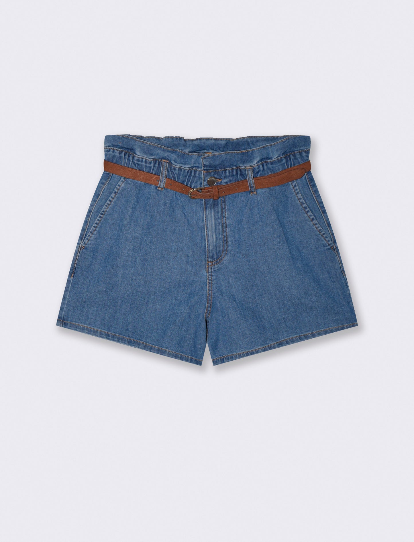 Short con rouches e cintura abbinata - Denim