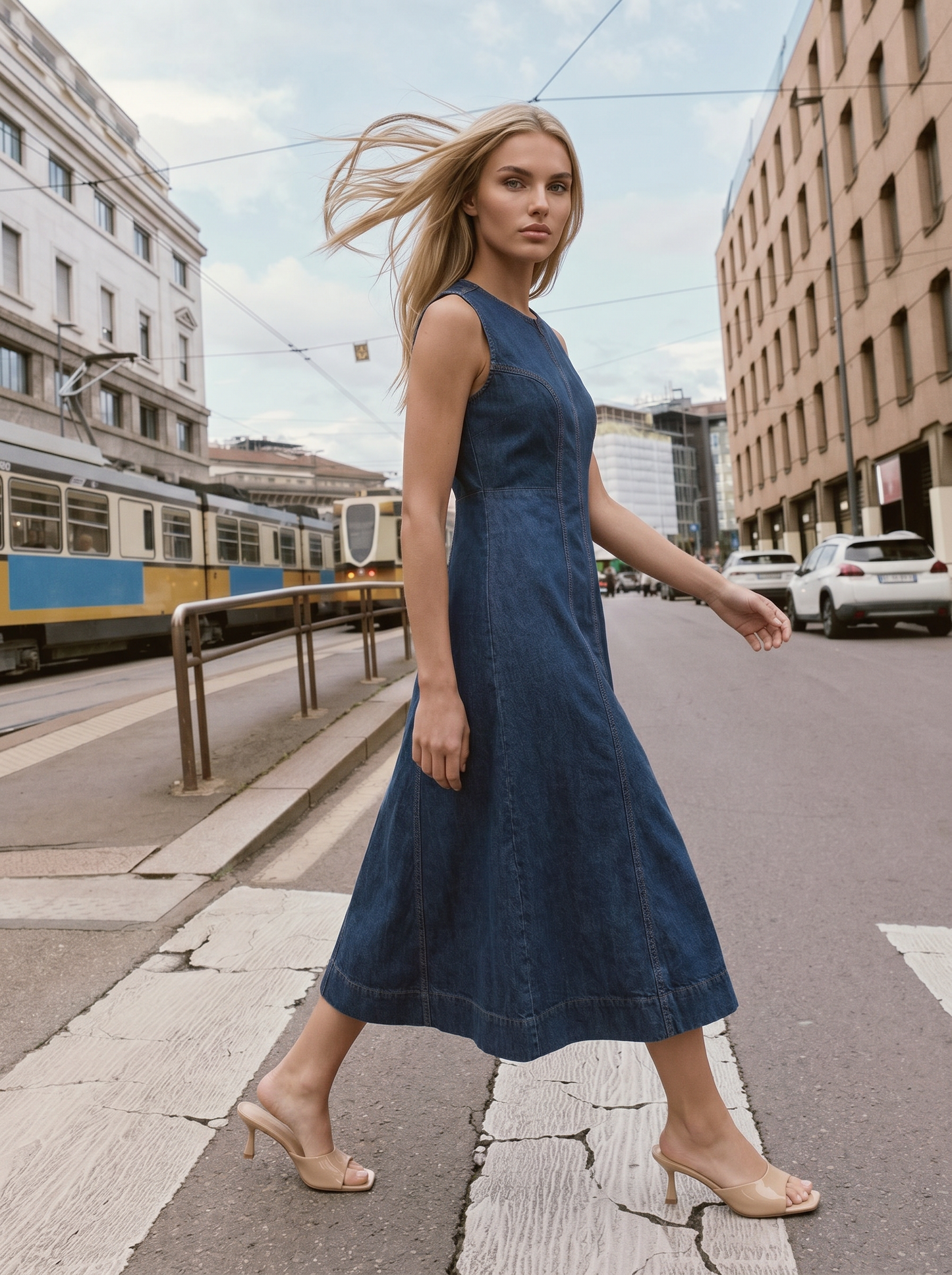 Denim sleeveless long flared dress - Blue