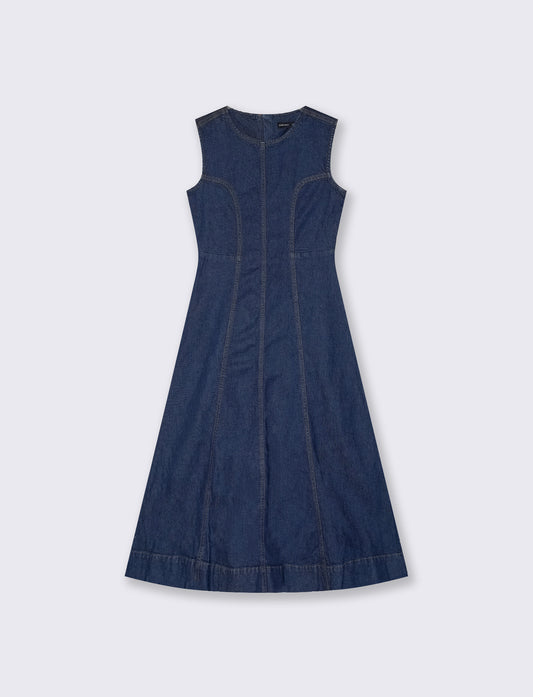 Vestito lungo smanicato in denim svasato - DENIM SCURO