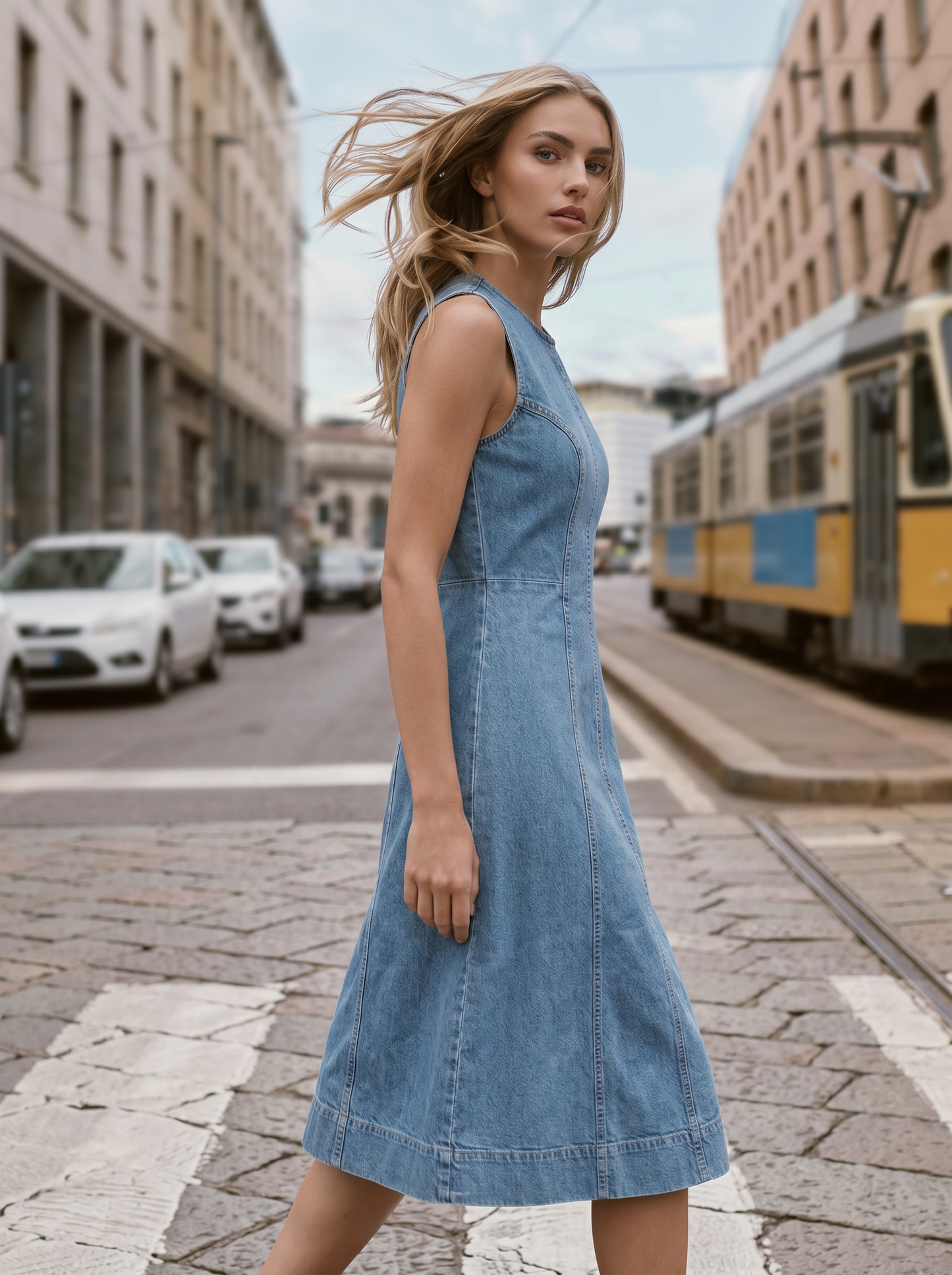 Denim sleeveless long flared dress - Blue