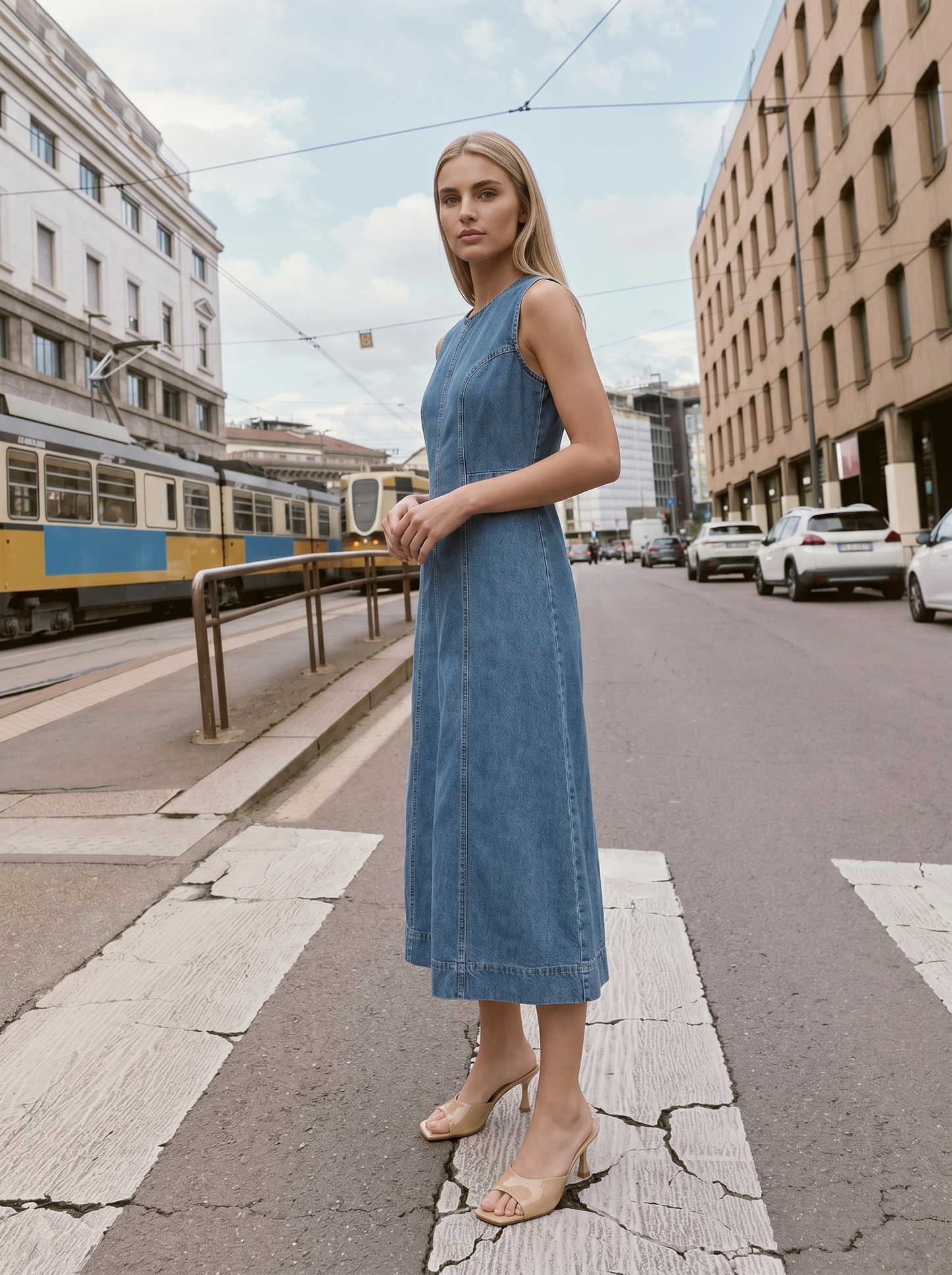 Denim sleeveless long flared dress - Blue