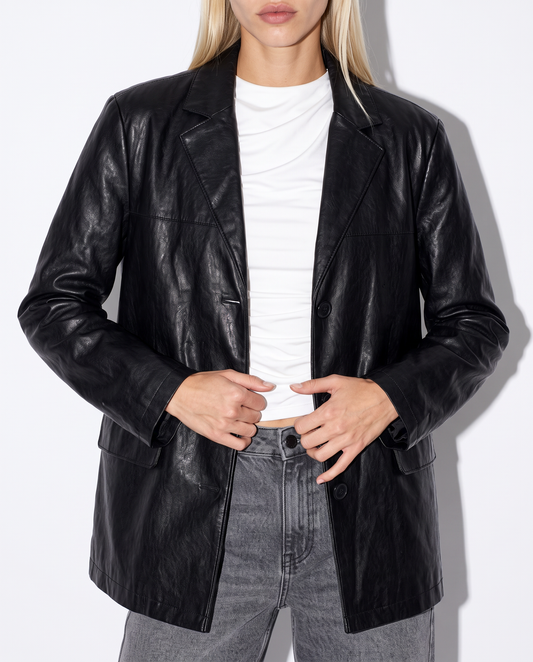 Single-breasted oversized faux leather blazer - Black