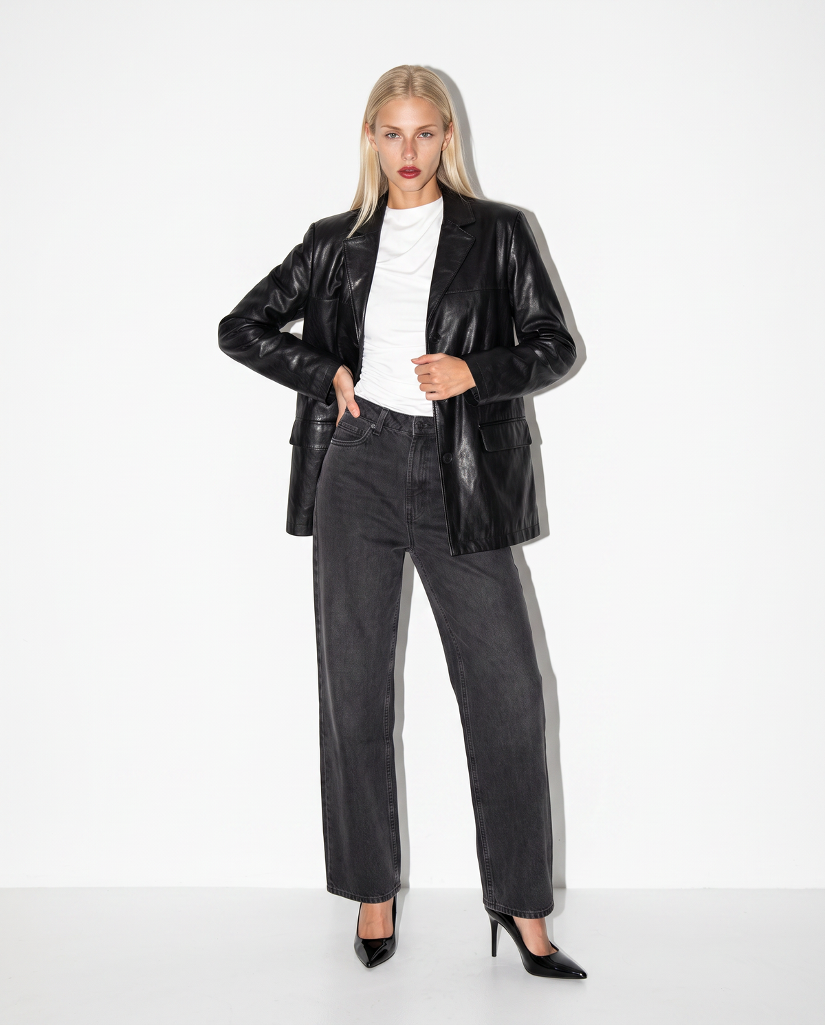 Single-breasted oversized faux leather blazer - Black