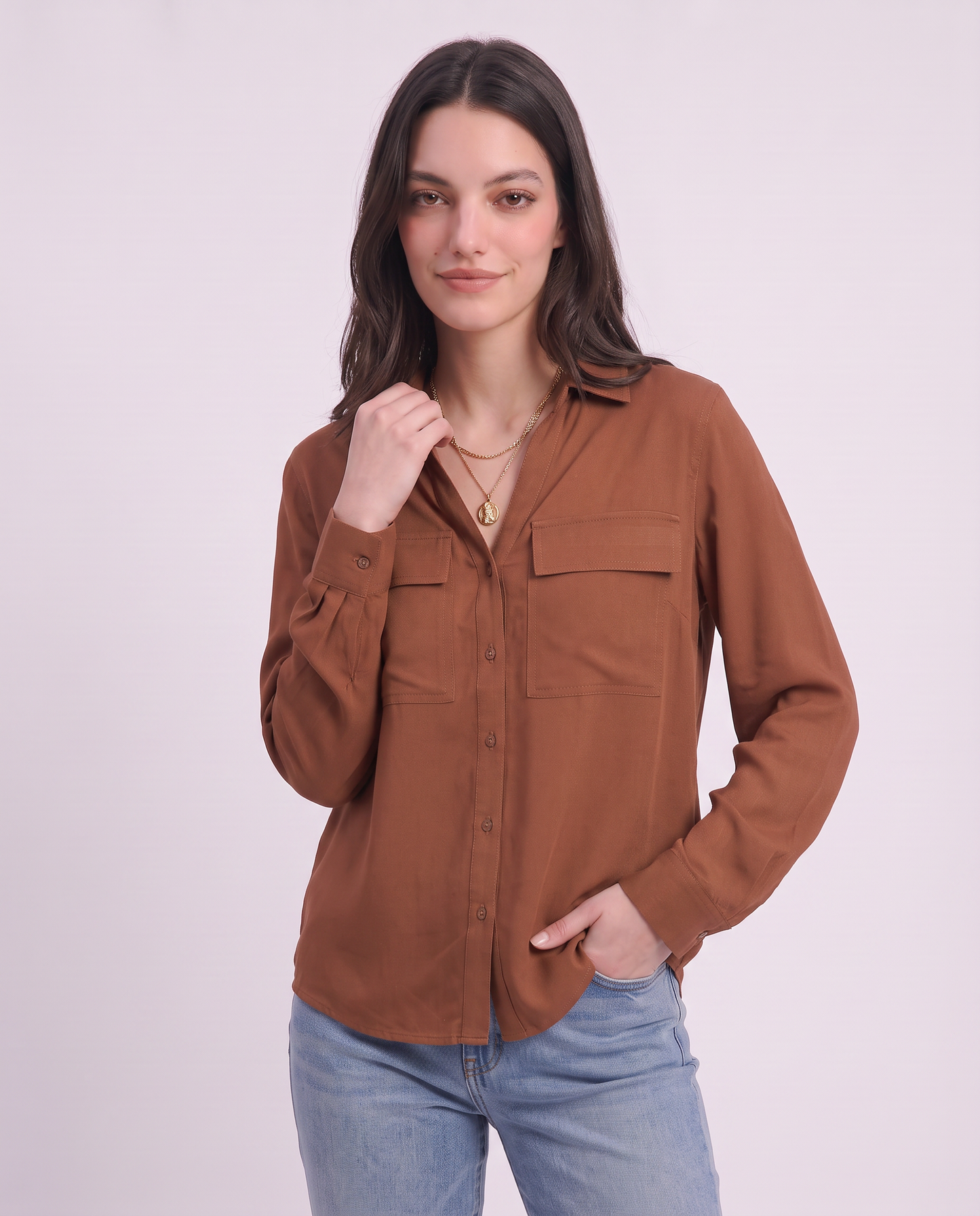 Camicia manica lunga con tasche frontali - Marrone tabacco