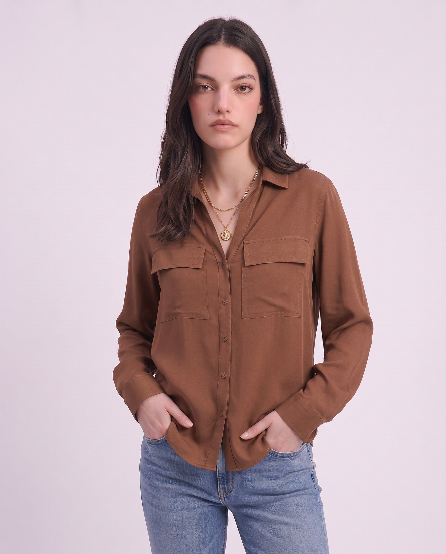 Camicia manica lunga con tasche frontali - Marrone tabacco