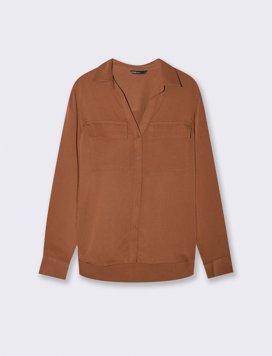 Camicia manica lunga con tasche frontali - Marrone tabacco