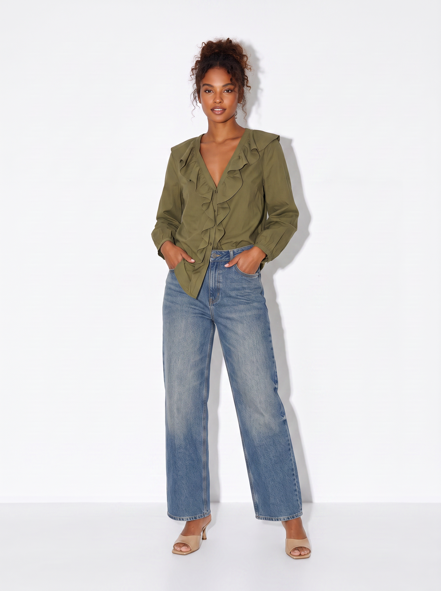 V-neck blouse with elegant ruffles - Green
