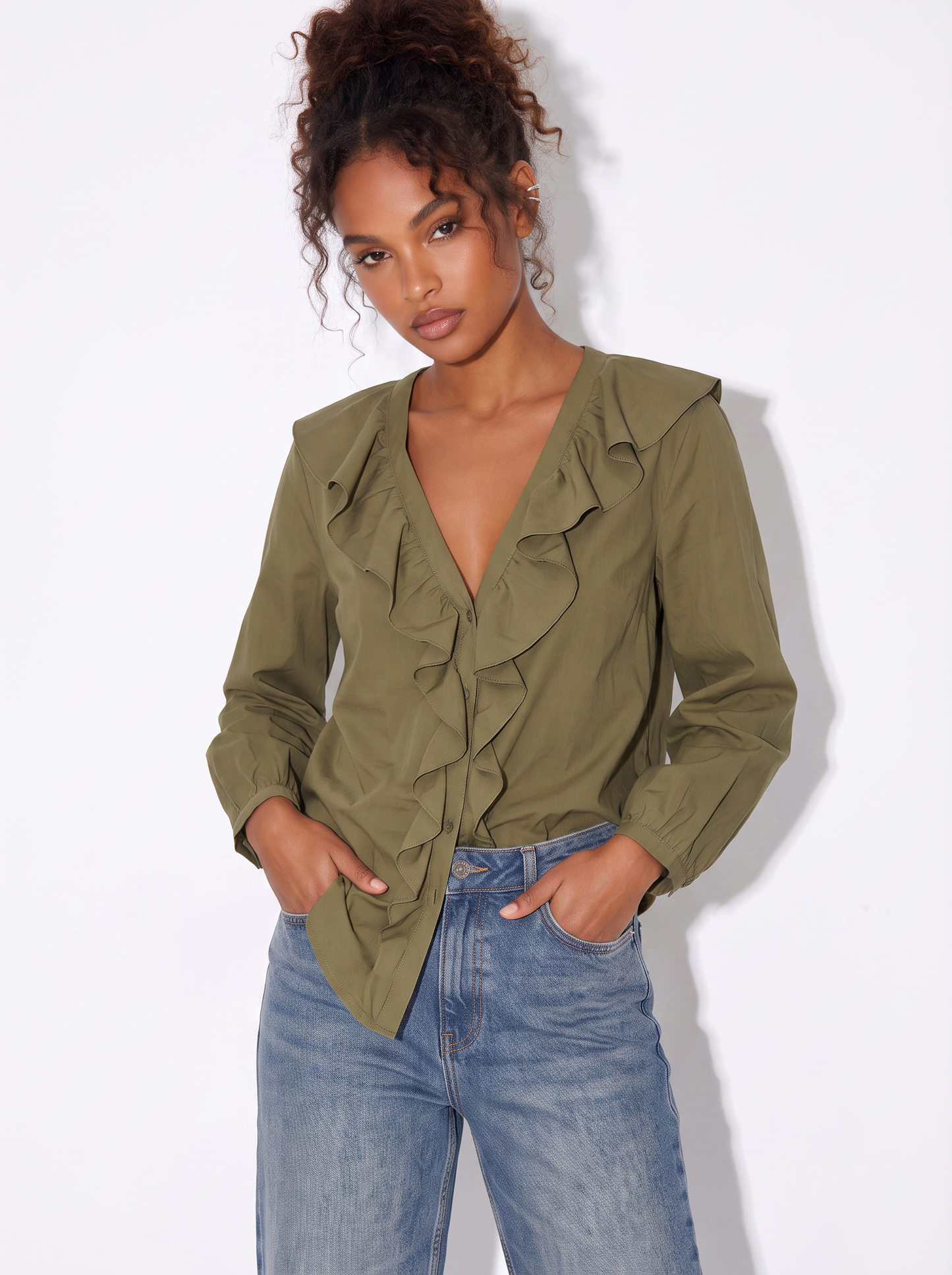 V-neck blouse with elegant ruffles - Green