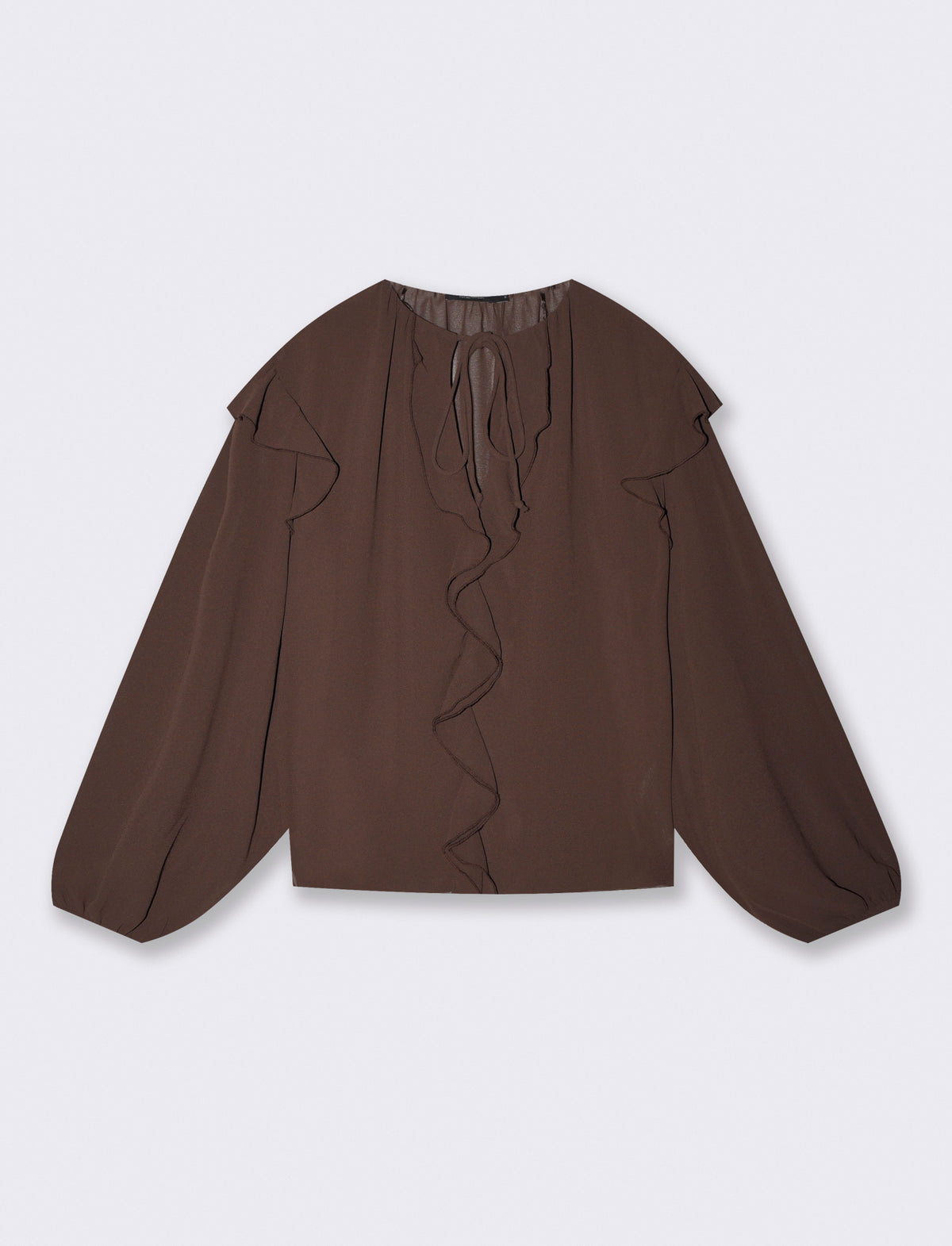 Long sleeve ruffled blouse with tie - Brown