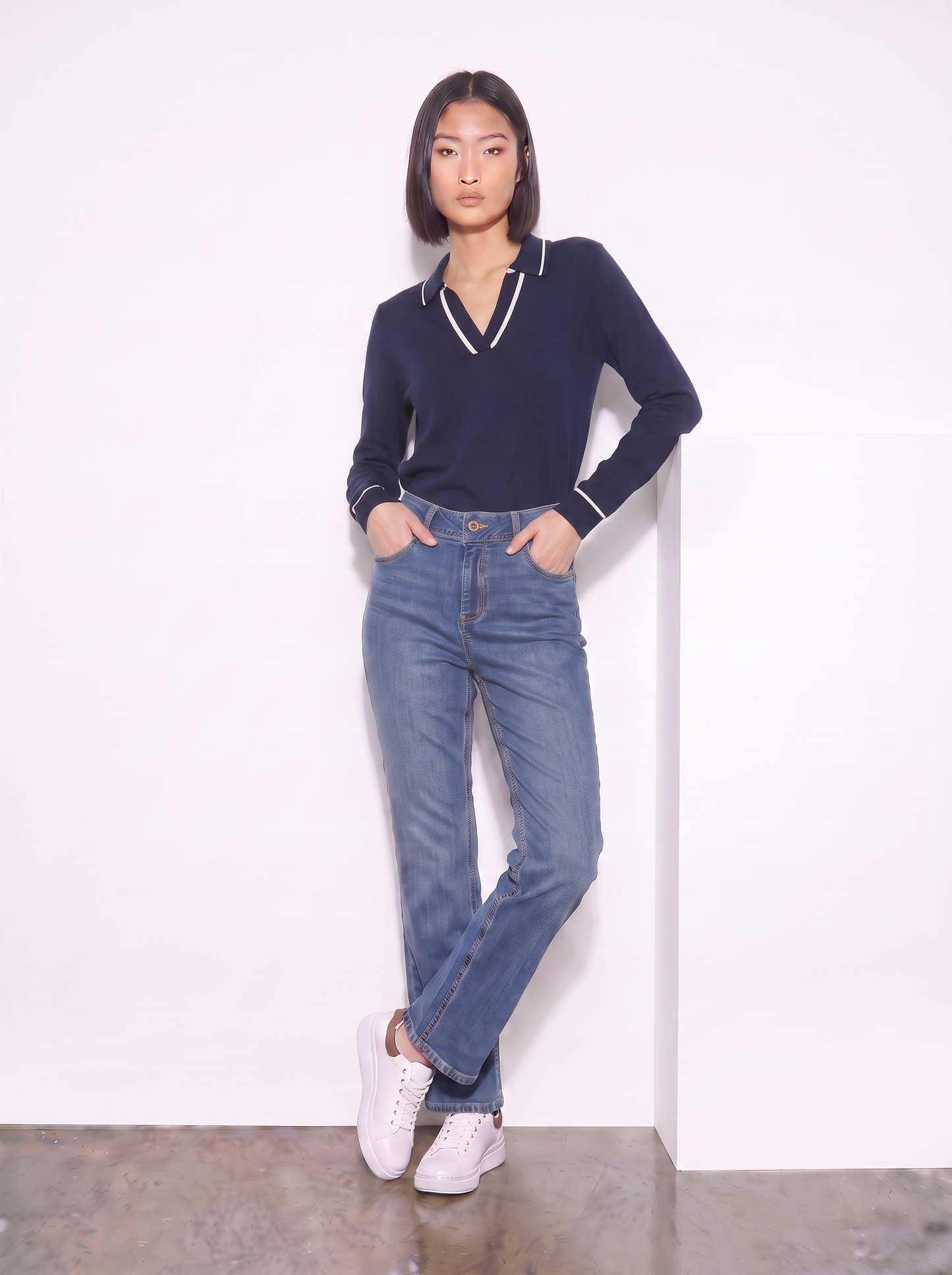 Polo a maniche lunghe con scollo a V - Blu