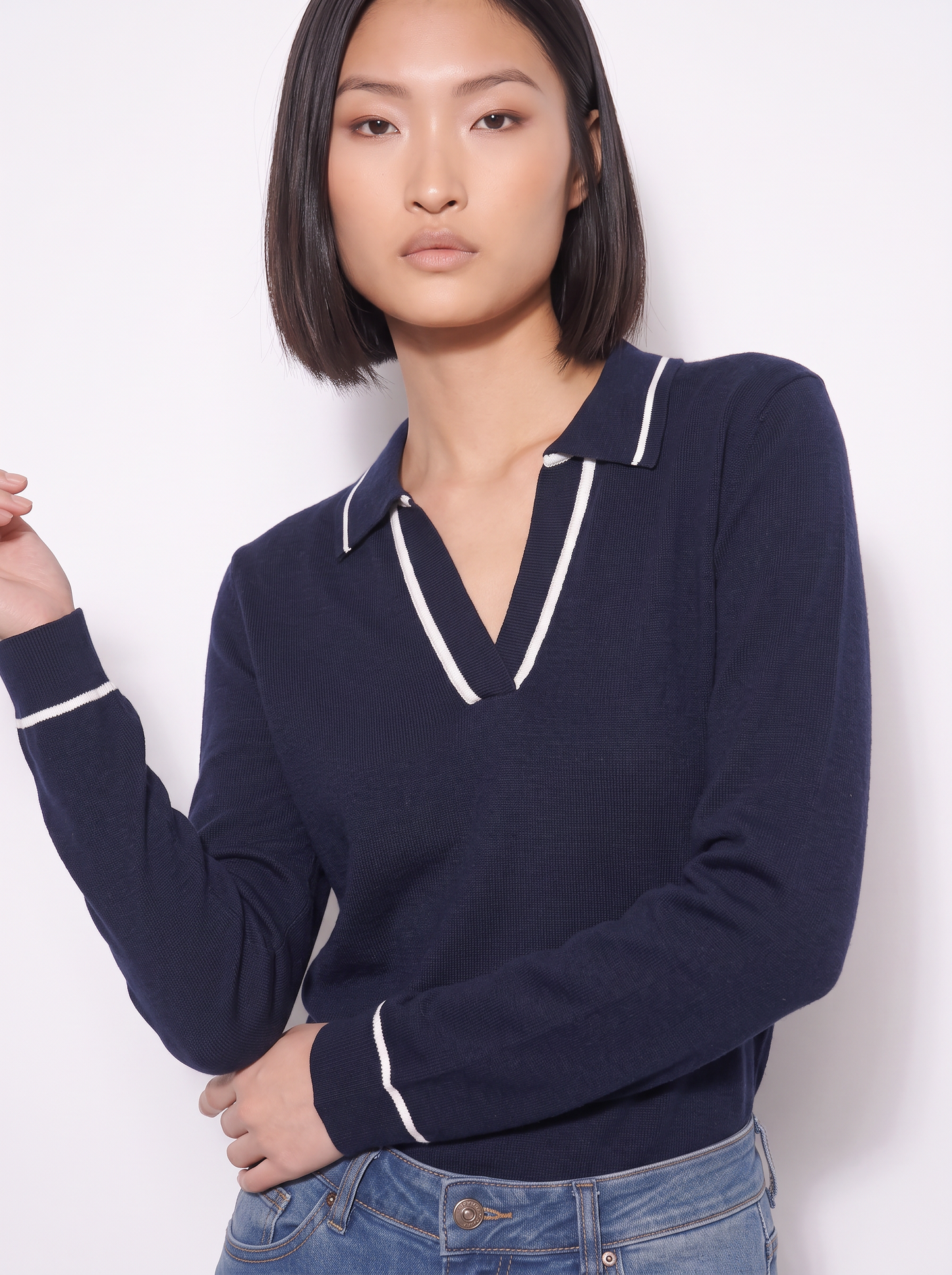 Polo a maniche lunghe con scollo a V - Blu