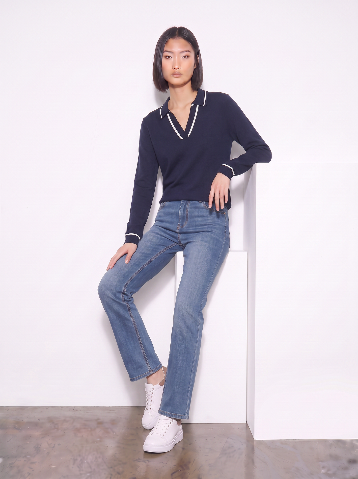 Polo a maniche lunghe con scollo a V - Blu